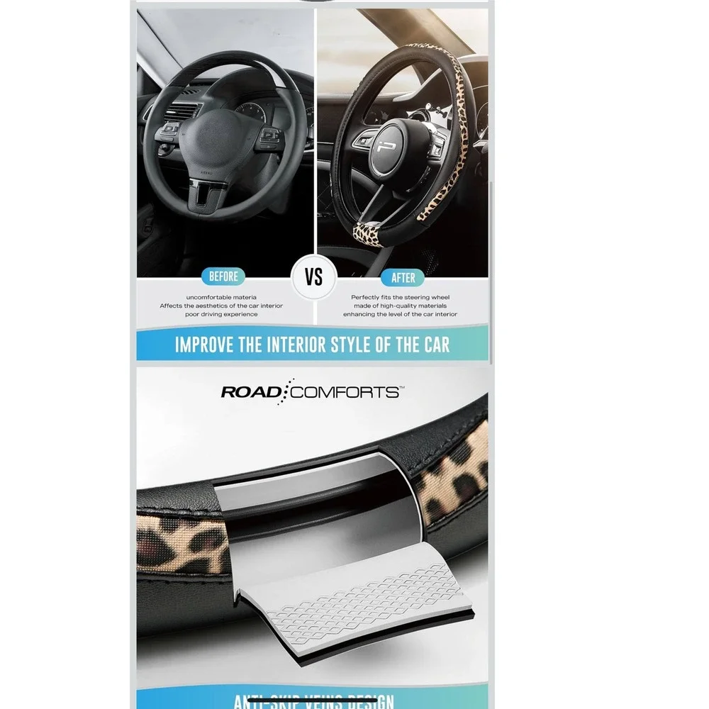 Cheetah Print Comforts Steering Wheel Cover Black PVC Leather Universal Fit